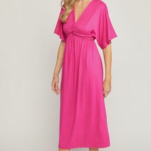Fuchsia Front Knot Midi Dress